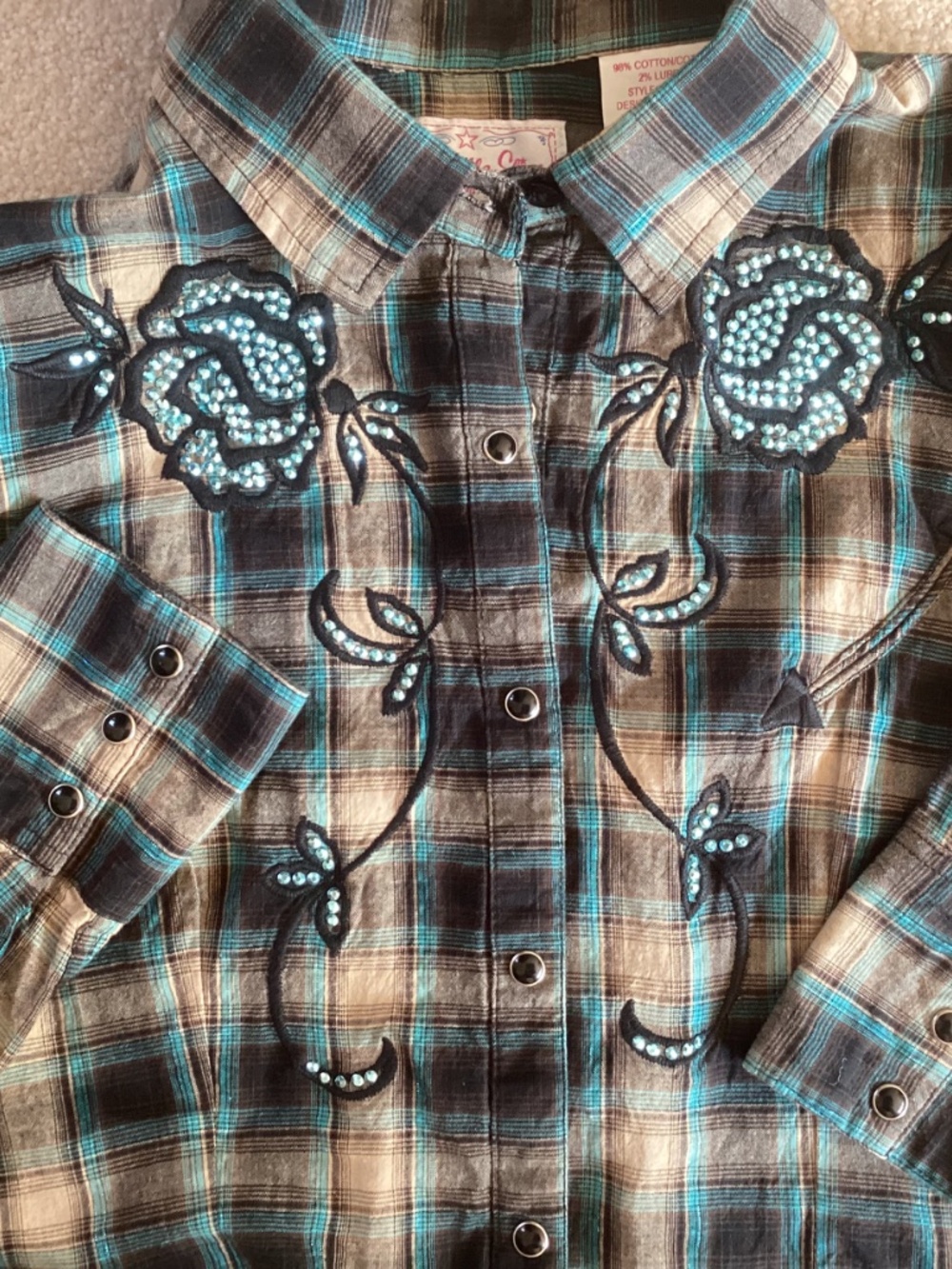 Beautiful Panhandle Slim Rhinestone Teal Floral Design Pearl Snap Western Shirt - Picture 9 of 9